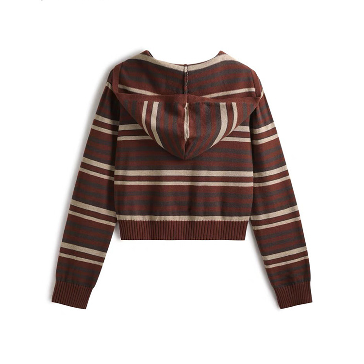 OEM 공장 사용자 정의 가을 겨울 캐주얼 여성 니트 지퍼 스트라이프 후드 여성 니트 스웨터 코트 가디건