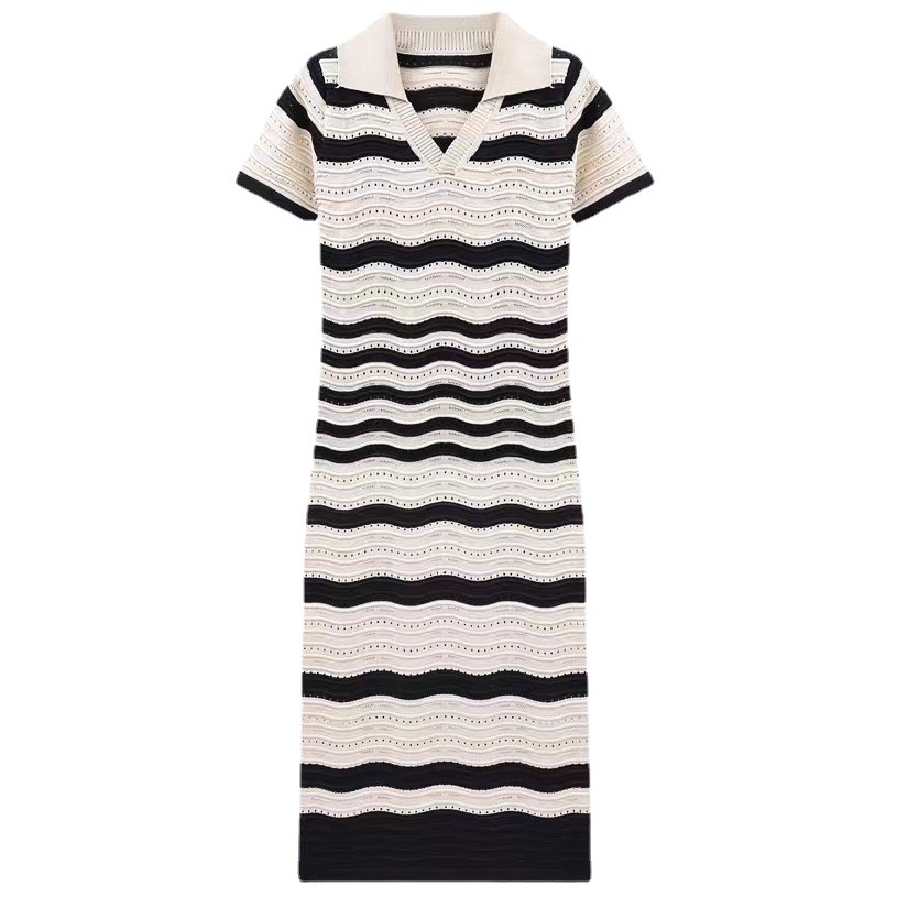OEM 공장 사용자 정의 봄 여름 슬림 짧은 소매 V 넥 스트라이프 여성 긴 니트 스웨터 드레스