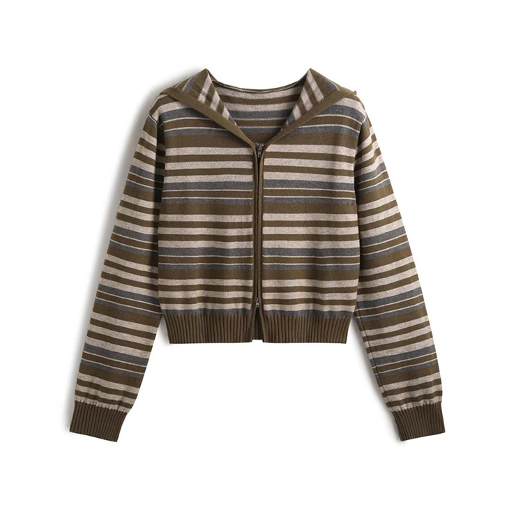 OEM 공장 사용자 정의 가을 겨울 캐주얼 여성 니트 지퍼 스트라이프 후드 여성 니트 스웨터 코트 가디건