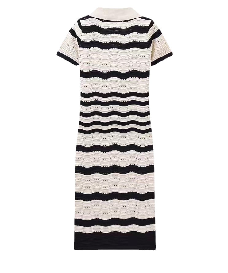 OEM 공장 사용자 정의 봄 여름 슬림 짧은 소매 V 넥 스트라이프 여성 긴 니트 스웨터 드레스