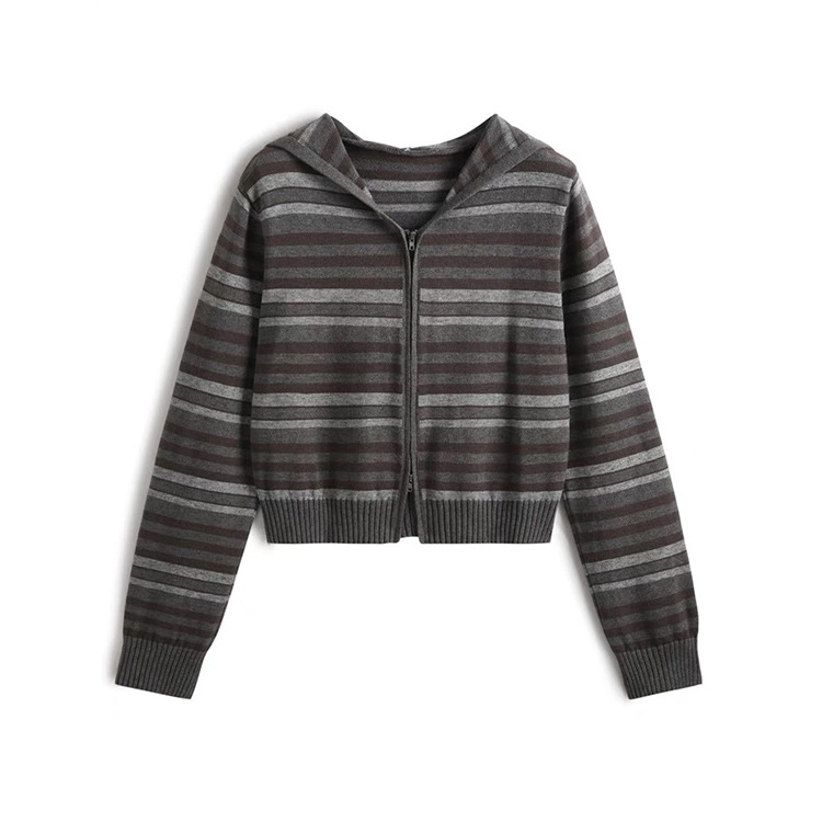 OEM 공장 사용자 정의 가을 겨울 캐주얼 여성 니트 지퍼 스트라이프 후드 여성 니트 스웨터 코트 가디건