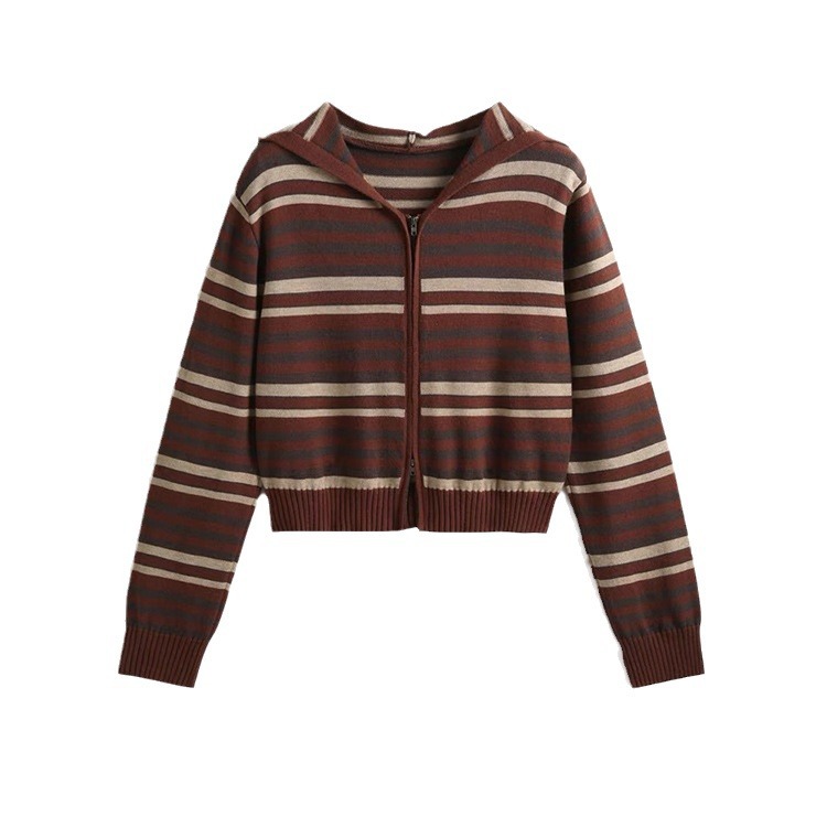 OEM 공장 사용자 정의 가을 겨울 캐주얼 여성 니트 지퍼 스트라이프 후드 여성 니트 스웨터 코트 가디건